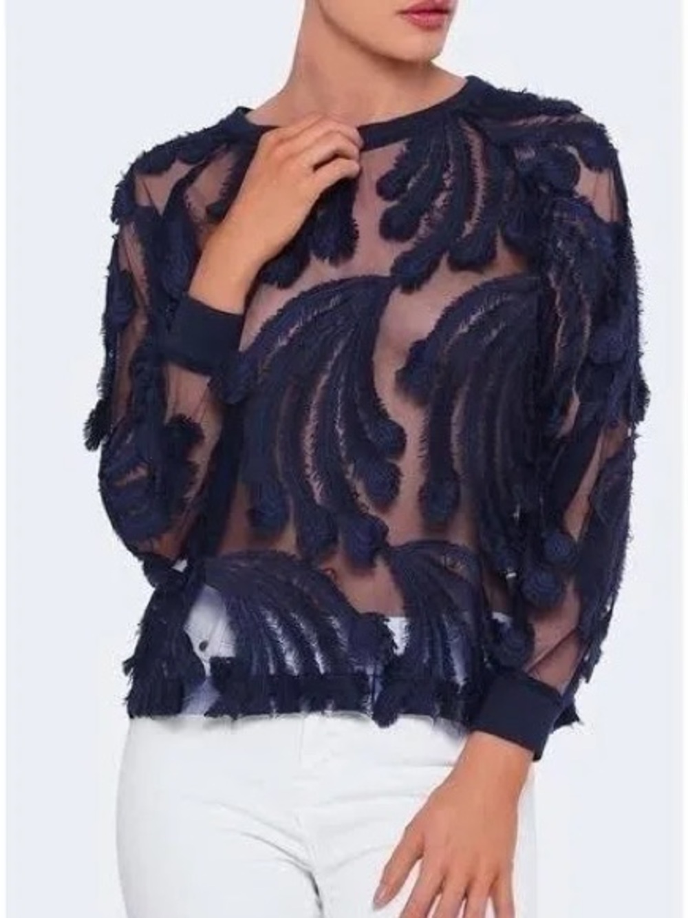 Anthropologie Pepin Navy Peacock Feather Lace Blouse